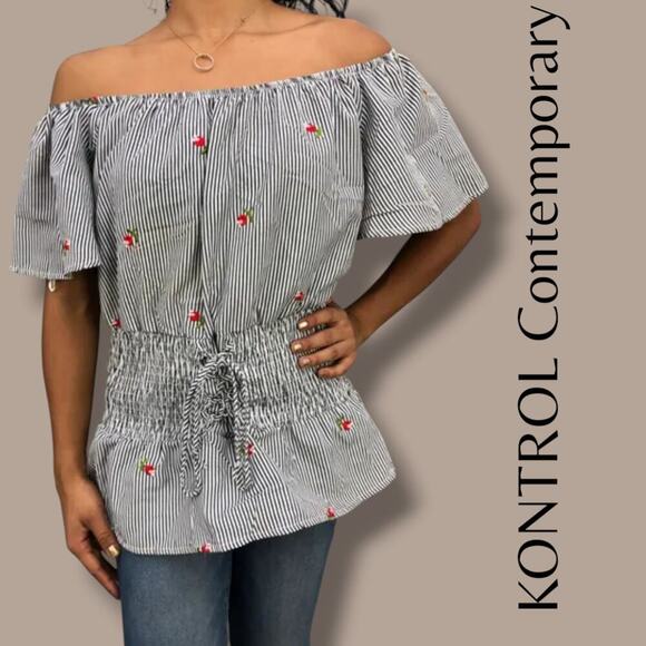 Kontrol Contemporary women's embroidery Roses & smocked tie- up waist blouse - Picture 8 of 8